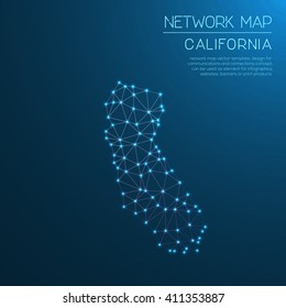 California Network Map. Abstract Polygonal California Network Map Design With Glowing Dots And Lines. Map Of California Networks. Vector Illustration.