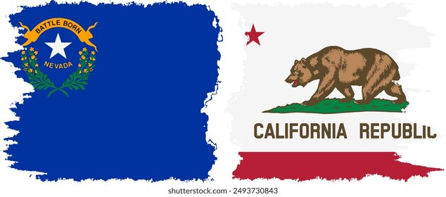 California and Nevada states grunge brush flags connection, vector