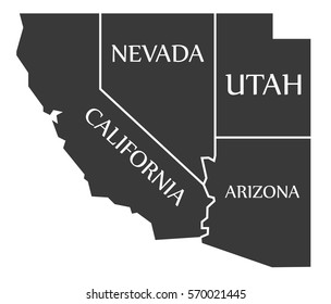 California - Nevada - Utah - Arizona Map labelled black illustration