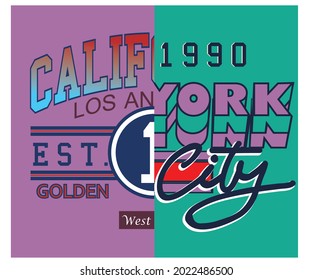 California and new york cut and sew block print for apparel and others. City college typography graphic print. 