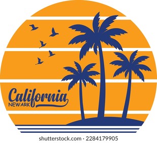 California Newark Summer Time, Sunshine Vector Print Design Artwork, Take Me To The Sunshine, Beach Paradise Print T-shirt Graphics Design, typography Slogan On Palm Trees Background