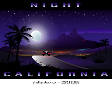 California, Night city, tropical landscape. Lonely car on the road in the moonlight and starry sky. Journey Moonlight highway Vector Illustration