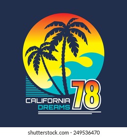 California nights - vector illustration concept in vintage graphic style for t-shirt and other print production. Palms, wave and sun logo badge. Design elements. 