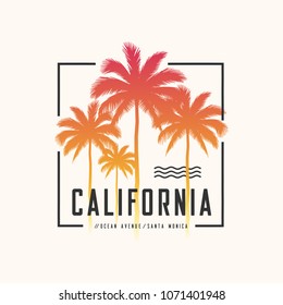 California Ocean Avenue tee print with palm trees, t shirt design, typography, poster, vector illustration.