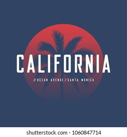 California Ocean Avenue T-shirt And Apparel Design With Palm Tree And Halftoned Sun, Vector Illustration, Typography, Print, Logo, Poster. Global Swatches.