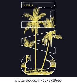 California Ocean, California Beach Paradise Print T-shirt Graphics Design, typography slogan on palm trees background for summer fashion print