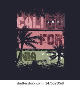 California Ocean side stylish t-shirt and apparel trendy design with palm trees silhouettes, typography, print, vector illustration. Global swatches.