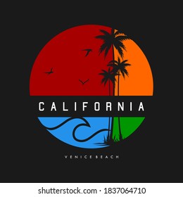 California Ocean side stylish t-shirt and apparel trendy design with palm trees silhouettes, typography, print, vector illustration. Global swatches.
