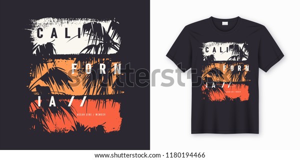 カリフォルニア オーシャンのスタイリッシュなtシャツとアパレルのトレンディデザイン ヤシの木のシルエット タイポグラフィ 印刷 ベクターイラスト グローバルスウォッチ のベクター画像素材 ロイヤリティフリー