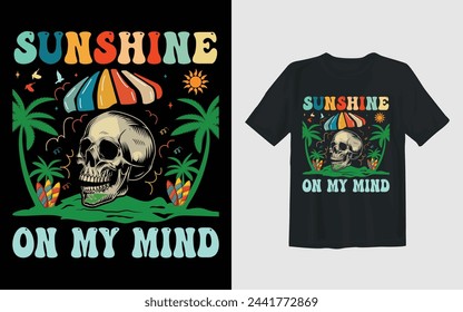 California Ocean, take me to the sunshine, California Beach Paradise Print T-shirt Graphics Design, typography slogan on palm trees background for summer fashion print