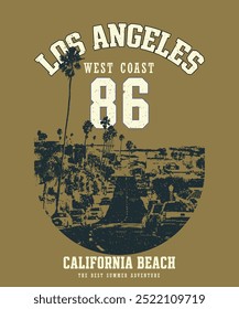 California Ocean, take me to the sunshine, California Beach Paradise Print T-shirt Graphics Design, California grunge paradise for girl. For t-shirt with palms. Vector illustration.