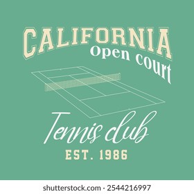 California, diseño de camiseta del club de tenis de cancha abierta. Camiseta de estilo universitario con suelo de pelota de tenis. Estampado de ropa deportiva. Ilustración vectorial.