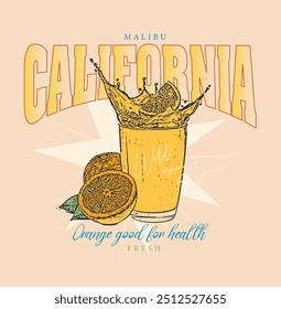 California Orange design de impressão gráfica, design de frutas de verão, vintage grunge food moda laranja arte, tipografia slogan texto impressão design, California Malibu, gráficos de impressão de frutas para t-shirt Design