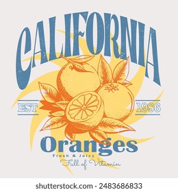 California Orange print design, summer fruit print for food fashion, fresh and juice, natural food print, Hand drawn vector fruit illustration. Engraved style. Vintage citrus illustration.