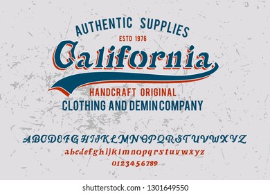 California. Original font and logo. Print on shirt or sticker. Retro and vintage style. Old school. Classic print. Hipster style. Print for shirt. Vector serif font. Handmade font.
