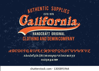 California. Original font and logo. Print on shirt or sticker. Retro and vintage style. Old school. Classic print. Hipster style. Print for shirt. Vector serif font. Handmade font.