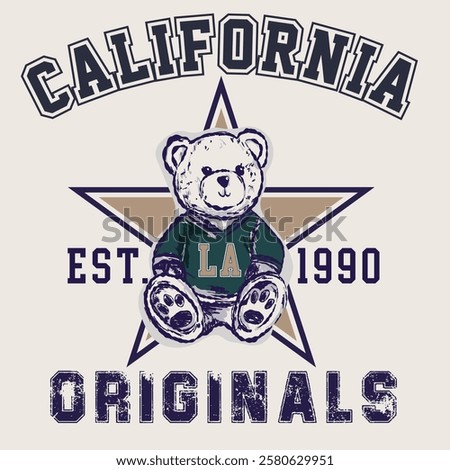 California Originals Varsity College slogan design with teddy bear vector illustration