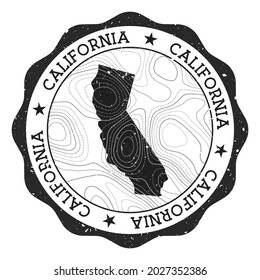 California outdoor stamp. Round sticker with map of us state with topographic isolines. Vector illustration. Can be used as insignia, logotype, label, sticker or badge of the California.
