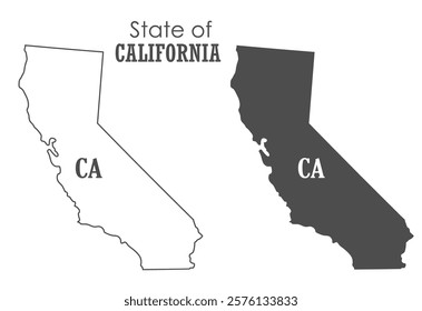 California. The outline and silhouette of the state with the abbreviated abbreviation of the name. The state border. A template for the design of printed products
