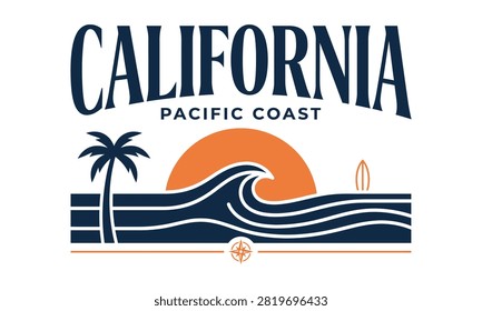 California Pacific Coast Vector T-Shirt Design with Surf Waves, Sunset, and Palm Tree
