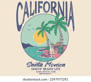 California palm beach island. Summer good vibes slogan with  sun vector artwork. Beach wave t-shirt prints and other uses. Ocean  vintage graphic print design.  coconut. Santa Monica  beach.