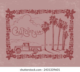 california palm beach with tropical flower frame vector design, summer palm beach artwork for t shirt, sticker, poster, graphic print 