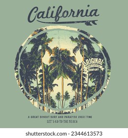 California Palm Beach Vektor T-Shirt Design, Vektorgrafik zum Thema Surfen und Surfen in Florida, Miami Beach. Vintage-Design. brüchiger Hintergrund. Typografie, T-Shirt-Grafik, Poster,