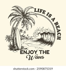 California palm beach vector T-shirt design, Beach Paradise Print T-shirt Graphics Design, typography slogan on palm trees background. Vector graphics for t-shirt prints, posters and other uses.