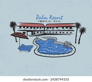 California Palm Resort Vektor-Design, Sommer Retro Vintage Kunstwerk, Vintage Pool Party, Palm Spring Tropical Motel, Sommer Urlaub Grafik Drucken 