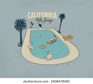california palm spring motel vector illustration, vintage swimming pool  party artwork, summer resort design for t shirt, sticker, graphic print, women in swimming pool drawing