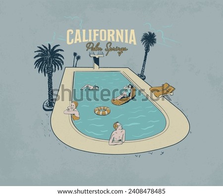 california palm spring motel vector illustration, vintage swimming pool  party artwork, summer resort design for t shirt, sticker, graphic print, women in swimming pool drawing