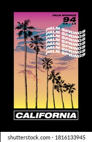 California Palm Springs illustration colorful poster  with hand drawn palms