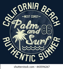 California Palm and Surf typography, t-shirt graphics, vectors