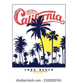 California Palm Tree And Long Beach Summer Graphics, summer holiday, hello summer, beach vacation and white background - Vector Illustration  for t shirt prints