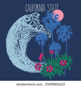 California Palm Tree And Long Beach Summer Graphics, summer holiday, hello summer, beach vacation and background - Vector Illustration for t