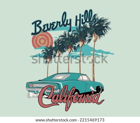 california palm tree and vintage car with typography for summer print