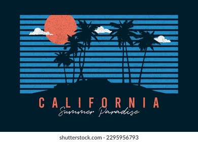 California, palm trees typography graphics for slogan tee shirt with sun and stripes. Tropical palms print for apparel, t-shirt design with grunge. Summer paradise slogan. Vector illustration.