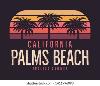 California Palms Beach Graphic For T-Shirt, Prints. Vintage Hand Drawn 90s Style Emblem. Retro Summer Travel Scene, Unusual Badge. Surfing Adventure Label. Stock Vector.