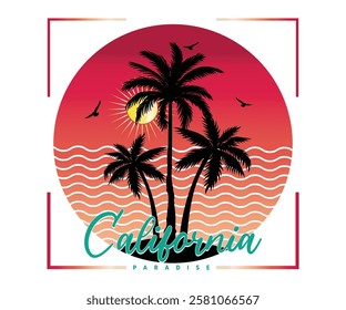 California Paradise Summer Artwork for t-shirt prints, posters. Summer Beach illustration. Summer Vibes Only.