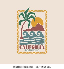California paradise. Summer coast. Hand drawn tropical design for kids. Graphic tee print for children. Vector illustration for kids. Perfect for t-shirt, poster, surface design