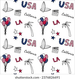 California pattern. USA seamless vector background with Los Angeles doodle symbols. United States of America design elements. Repeating illustration