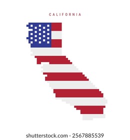 California pixel flag map icon. 8 bit pixel art map covered with american flag. Flat vector illustration isolated on white background.