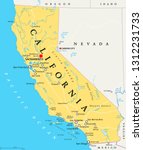 California political map with capital Sacramento, important cities, rivers, lakes. State in the Pacific Region of the United States. Los Angeles, San Francisco. English labeling. Illustration. Vector.