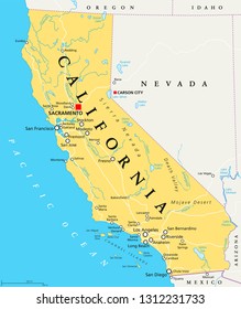 California political map with capital Sacramento, important cities, rivers, lakes. State in the Pacific Region of the United States. Los Angeles, San Francisco. English labeling. Illustration. Vector.