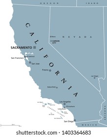 California political map with capital Sacramento, the largest cities and borders. State in the Pacific Region of the United States. The Golden State. Gray illustration on white background. Vector.