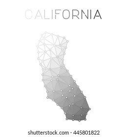 California polygonal vector map. Molecular structure US state map design. Network connections polygonal California map in geometric style for your infographics.