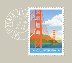 California Postage Stamp Design. Vector Illustration Of Golden Gate Bridge With Grunge Postmark On Separate Layer