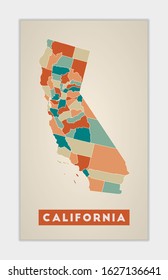 California poster. Map of the us state with colorful regions. Shape of California with us state name. Captivating vector illustration.