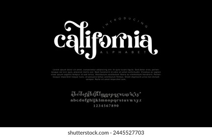 Letras y números del alfabeto elegante de lujo de California. Antiguas tipografía de boda clásica serif fuente decorativa vintage retro. Ilustración vectorial creativa