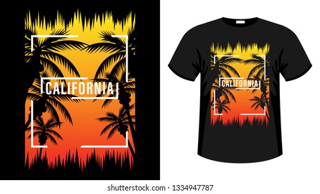 California print t-shirt. The slogan on the backdrop of palm trees and sunset. Beautiful vector illustration